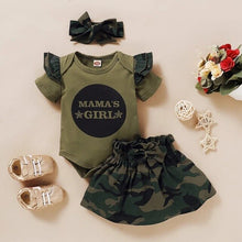 Load image into Gallery viewer, Newborn Baby Clothing Set Summer Girls Short Sleeve Letter Print Romper+Camouflage Skirt+headband Outfits Clothes Set M140#