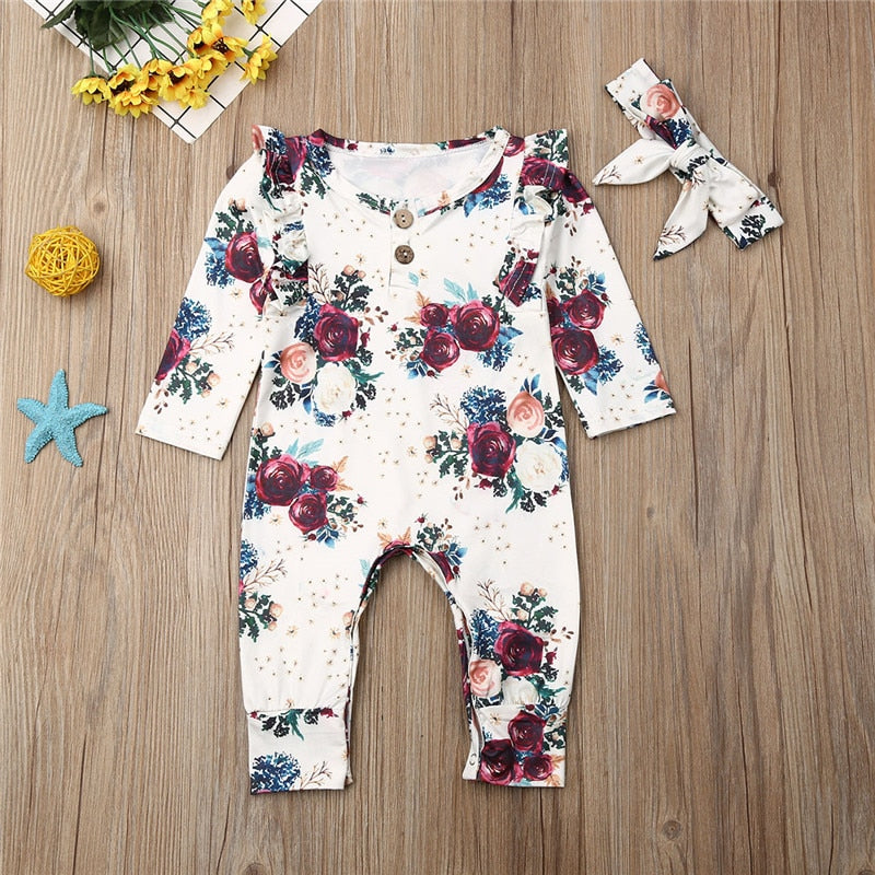 Newborn Baby Girl Floral Romper And Headband Outfits Clothing 2-Piece