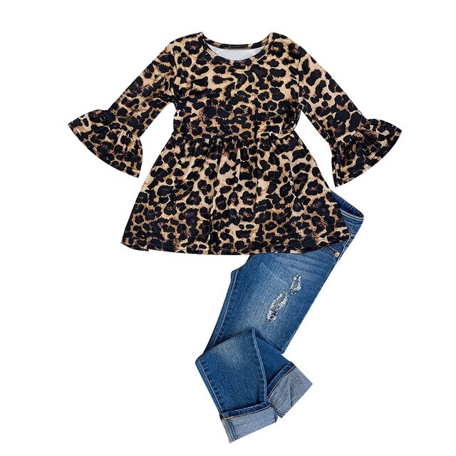 Toddler Baby Kids Girls Leopard Print T-shirt Tops Jeans Pant Trousers Set kids boutique clothes baby thanksgiving outfits cloth