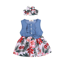 Load image into Gallery viewer, Summer New Fashion Toddler Baby Girls Sleeveless Bow Flower Leaf Print Denim Dress+Headband Outfits Wholesale Free Ship Z4
