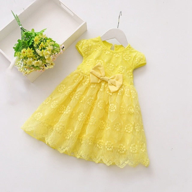 Summer Casual Baby Girls Short Sleeve Dress With Bowknot Design Kids Toddler Pageant Princess Mesh Sundress