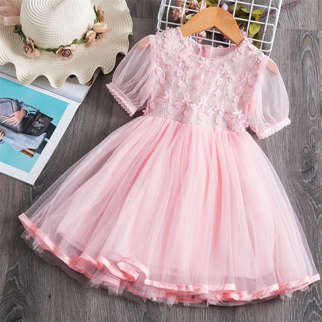 Summer Toddler Girls Lace Cake Dress Kids Sleeveless Floral Mesh Wedding Dresses Children Clothing For Baby Girls 3 to 8 Years