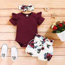 Load image into Gallery viewer, Maroon Ruffled Shirt with Floral Short &amp; Headband Set
