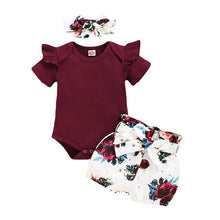 Load image into Gallery viewer, Maroon Ruffled Shirt with Floral Short &amp; Headband Set

