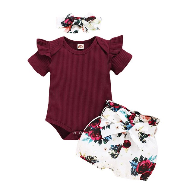 Maroon Ruffled Shirt with Floral Short & Headband Set