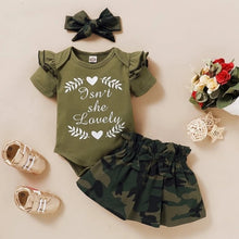 Load image into Gallery viewer, Newborn Baby Clothing Set Summer Girls Short Sleeve Letter Print Romper+Camouflage Skirt+headband Outfits Clothes Set M140#
